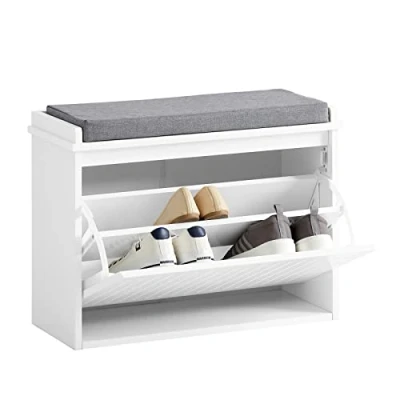 Afbeelding van SoBuy Schoenenbank, schoenenkast met gevoerde zitting en klep, schoenenopbergbank, 60 x 26 46 cm, Wit, FSR98 W