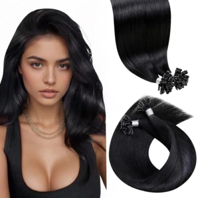 Afbeelding van LaaVoo extensions, echt haar, keratine, zwart, #1, 50 strengen / g, 55 cm, U Tip, fusie, met warmte