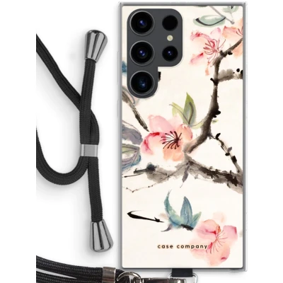 Afbeelding van Case Company® hoesje met Koord geschikt voor Samsung Galaxy S23 Ultra Japanse bloemen Telefoonhoesje Zwart Bescherming aan alle Kanten en Over de Schermrand