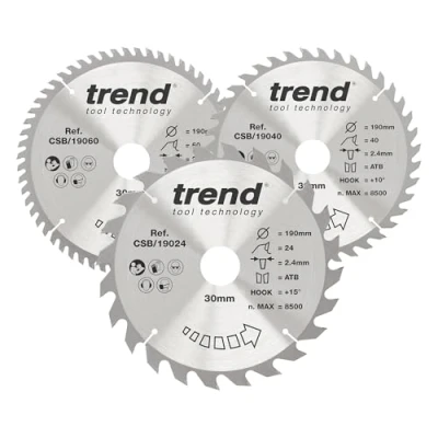 Afbeelding van Trend Cirkelzaagbladen voor hout, 190 mm diameter, 30 boring, 24, 40 en 60 tanden, TCT, 2,6 zaaglijn, 15 haak, CSB/190/3PK
