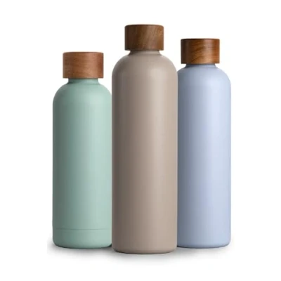 Afbeelding van Roestvrijstalen drinkfles, 1 liter, thermosfles, l, met acaciahouten deksel, geïsoleerde waterfles, lekvrij bij koolzuur, 1000 ml, grijs