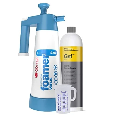 Afbeelding van detailmate Koch Chemie GSF Gentle Snow Foam voorwasset bestaande uit reinigingsschuim en shampoo, Venus Super Foamer Cleaning Pro Viton 2L Box 2018 incl. doos accessoires + maatbeker 50 ml