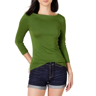 Image de Amazon Essentials T Shirt Col Bateau Uni Coupe Ajustée à Manches 3/4 Women&#039;s, Vert, XXL