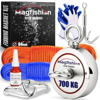 Afbeelding van Magfishion Dubbelzijdige Magneetvissen Set 700 KG Vismagneet 20 Meter Lang Touw + Karabijnhaak met Schroefsluiting Handschoenen Borgmiddel Drekhaak Starterspakket Magneet Vissen Outdoor Kinderen