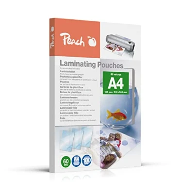 Afbeelding van Peach Lamineerfolie A4, 60 mic, 100 stuks, premium kwaliteit voor de beste lamineerresultaten, compatibel met apparaten van alle merkfabrikanten, glanzende afwerking
