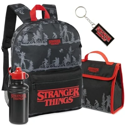 Afbeelding van Stranger Things 4 delige kinderrugzakset met lunchtas, geïsoleerde drinkfles en sleutelhanger, Zwart/Rood, Schooltassenset