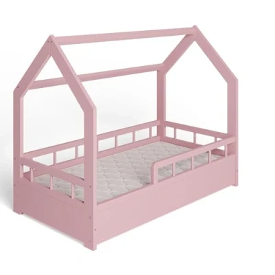 Afbeelding van ms factory Huishoudelijk bed, 70 x 140 cm, met valbescherming en lattenbodem, eenpersoonsbed, grenenhout, voor meisjes jongens, roze