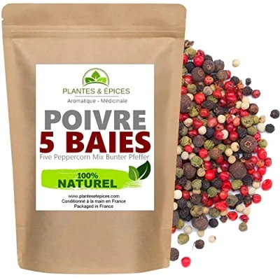Afbeelding van Peper uit korrel, 5 biologische bessen, pepermolen, biologisch afbreekbaar, hersluitbaar (100 g)
