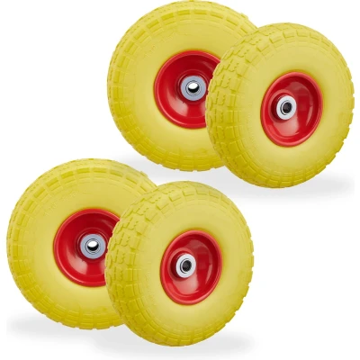 Afbeelding van Relaxdays 4x steekwagenwiel 4.1/3.5 4 rubber bolderkarwiel antilekband geel rood