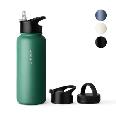 Afbeelding van VINSUN Thermosfles, 1 l, drinkfles van roestvrij staal met rietje (3 doppen), waterdicht, BPA vrij, herbruikbaar, thermosfles voor sport, wandelen, school, kantoor