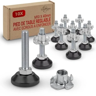 Afbeelding van LouMaxx verstelbare poten M10 x 40 mm met inslagmoer, 10 stuks, stelschroeven, in hoogte poten, schroefvoet, schroefpoten,