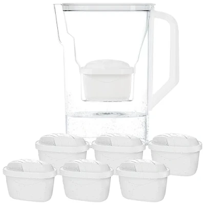 Afbeelding van Wessper Filterkaraf met filter, karaf voor koelkastdeur, 2,7 l, cartridges actieve kool en ionenwisselaarhars, pitcher set van 6 filters wit