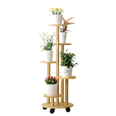 Afbeelding van Bamboe bloemenstandaard met wielen, 5 laags plantenstandaard 90CM bloemenplank balkon, bloementrap voor binnen bloempotten, natuurlijke plantenplank woonkamer slaapkamer tuin, Ø19cm