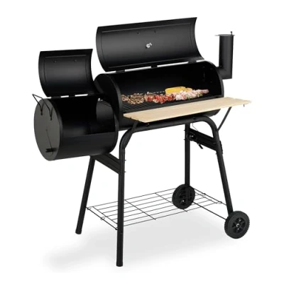 Afbeelding van smoker barbecue met 2 bbq en 3 kolenroosters op wielen thermometer
