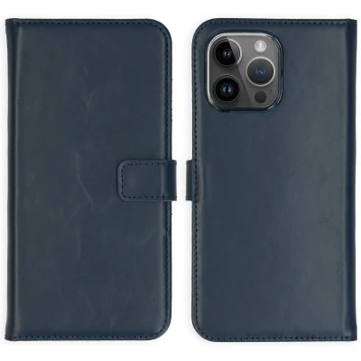Afbeelding van Selencia Hoesje Geschikt voor iPhone 15 Pro Max Met Pasjeshouder Echt Lederen Bookcase Blauw