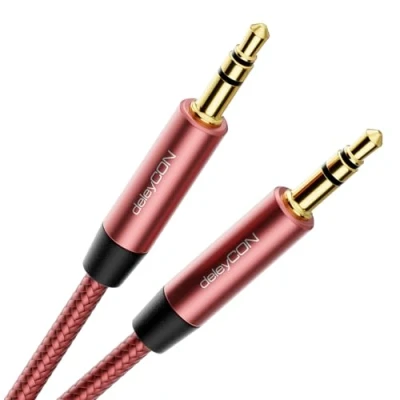 Afbeelding van deleyCON 2m Nylon 3,5mm Jack Audio Stereo AUX Kabel Audiokabel Metaalstekker Mobiele Telefoon Smartphone Tablet Hoofdtelefoon HiFi Ontvanger Rood/Roze