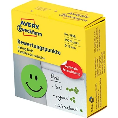 Afbeelding van Avery rating dots, diameter 19 mm, rol met 250 stuks, smiley, groen etiket