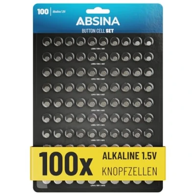 Afbeelding van ABSINA 100 stuks alkaline knoopcelbatterijen, 20 x AG1 / 30 AG3 AG4 AG10 10 AG13 1,5 V lekvrije knoopcelbatterijen mix