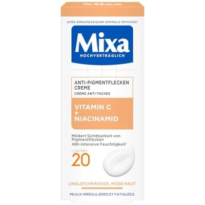 Image de Mixa Crème anti taches pigmentaires pour peaux irrégulières, ternes et sensibles avec vitamine C niacinamide, convient le visage cou, SPF 20, hypoallergénique, 50 ml