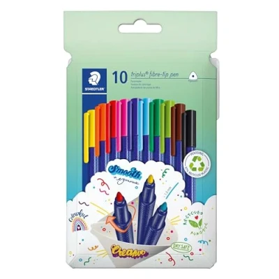 Afbeelding van Staedtler, Kleurpotloden, triplus colour 323 driehoekige vezeltip pennen kartonnen doosje met 10 stuks, assorti (1 Geel, 2 rood, 20 Magenta, 5 groen, 50 geel 76 van Dyke bruin, 9 zwart, 4 oranje, 3 blauw, 30 lichtblauw, 10 x)