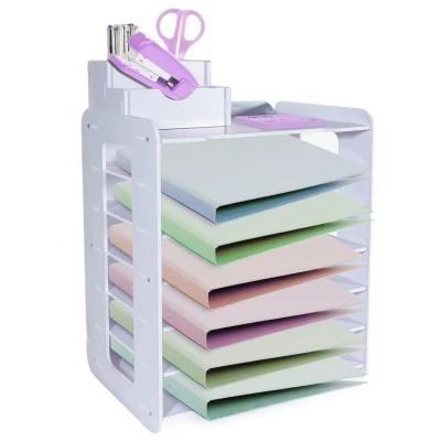 Afbeelding van HMXLJJY 7 laags brievenbak, A4 papierbak, kantoorlade, bureau organizer met stapelbare archiefvakken, pennenhouder, wit