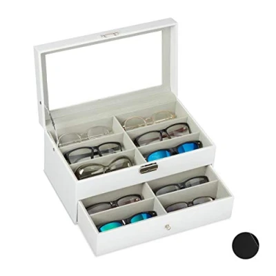 Afbeelding van Relaxdays brillendoos voor 12 brillen opbergdoos display met lade wit