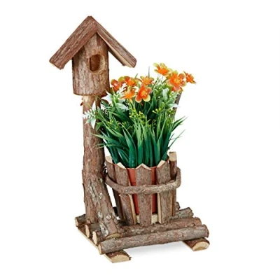 Afbeelding van Relaxdays bloempot hout met vogelhuis houten sierpot plantenpot binnenpot boom