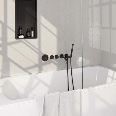 Afbeelding van Brauer Black carving Badkraan inbouw douchegarnituur 20cm uitloop inbouwdeel 3 knoppen handdouche Staaf 1 stand mat zwart