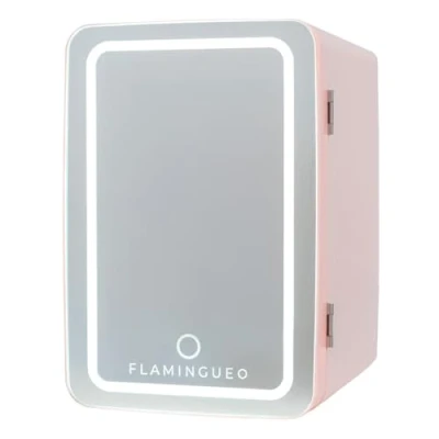 Afbeelding van Flamingueo mini koelkast, 6,5 l, kleine koelkast met spiegel en led, 12 V/220 V, voor de slaapkamer, warme koude functie, cosmetica, Skincare