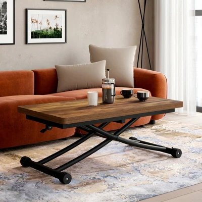 Afbeelding van URBANA salontafel, om te bouwen tot eettafel, van donker hout met distressed en zwart effect, industrieel ontwerp