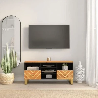 Afbeelding van Tv meubel 100x33,5x46 cm massief mangohout bruin en zwart