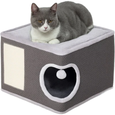 Afbeelding van PawHut Tonneau à chat de 35 cm haut avec grotte, arbre balle jeu, tour pour en sisal, jusqu&#039;à 6 kg, gris foncé + blanc crème