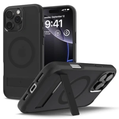 Afbeelding van Spigen Ultra Hybrid S MagFit Hoesje Geschikt voor Apple iPhone 16 Pro Max Compatibel met MagSafe Back Cover Air Cushion Uitklapbare Standaard Frost Zwart