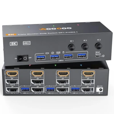 Afbeelding van KVM switch met 3 schermen computers 4K @ 144Hz 8K 60Hz, Displayport + HDMI USB 3.0 schakelaar 4 poorten, bekabelde afstandsbediening, voeding en kabel inbegrepen