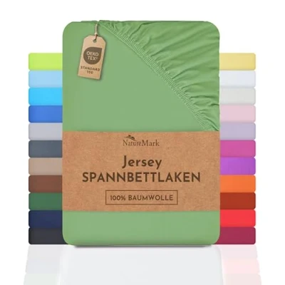Afbeelding van NatureMark Jersey Hoeslaken, 100% katoen, in vele maten en kleuren, merkkwaliteit conform OEKO TEX Standard 100, 180 x 200 cm, jadegroen