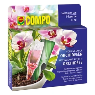 Afbeelding van COMPO Voedingskuur Orchideeën voedt en herstelt verzwakte planten voor prachtige bloemen sterke gebruiksklare dosissen doosje 5 x 30 ml
