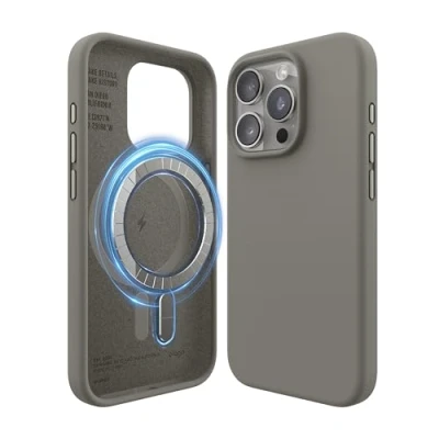 Afbeelding van elago Magnetische siliconen hoes, compatibel met iPhone 15 Pro, alle MagSafe accessoires, ingewerkte magneten, volledige beschermhoes [Structuur 5 lagen] (middengrijs)