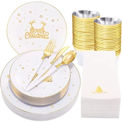 Afbeelding van KAHEIGN 175 delig kerstservies, wit kunststof servies met gouden rand 25 borden, saladeborden, messen, vorken, lepels, servetten voor kerstfeestgasten