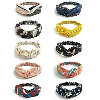 Image de DRESHOW Boho Bandeaux pour Femmes Vintage Fleur Imprimé Criss Cross Noué Élastique Bande De Cheveux Stretchy Head Wrap Twisted Mignon Accessoires 10 Pack