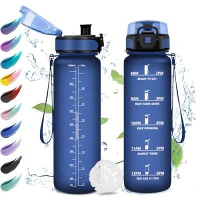 Afbeelding van bouteille d&#039;eau de 1 litre avec filtre, facile à ouvrir, réutilisable, motivante anti fuite, pour école, boissons gazeuses, vélo