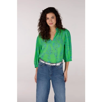 Afbeelding van Jansen Amsterdam Leonie Blouse Wp 199 3/4 Puffed Sleeve Dames Jurken Groen Maat 38