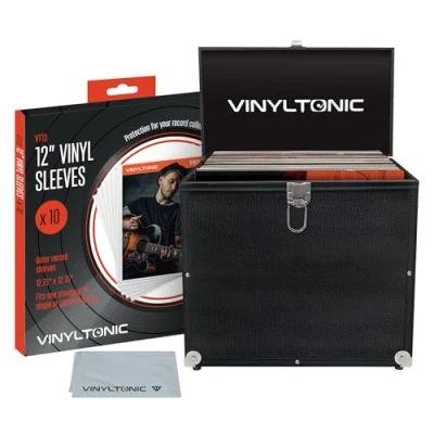 Afbeelding van Vinyl Tonic Opbergkoffer voor vinylplaten, 30,5 cm, 100 inclusief universeel reinigingsdoekje en 10 vinylbeschermhoezen, zwart,