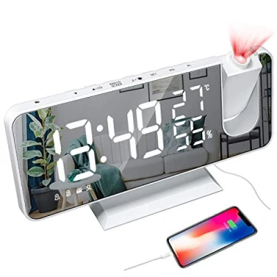 Afbeelding van YUNYODA Projectiewekker, digitale led wekker met spiegeloppervlak, USB oplaadpoort, herhaling, dubbel alarm, FM radio, 3 dimmodus, temperatuurvochtigheid, instelling 12/24 uur