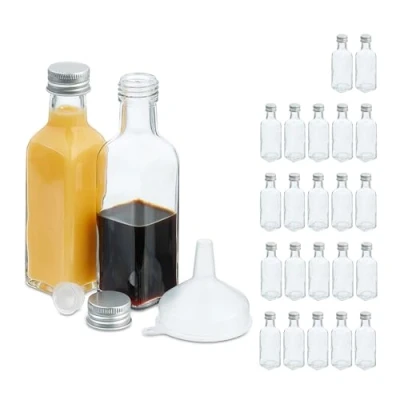 Afbeelding van Relaxdays 24 kleine glazen flessen van 100 ml om te vullen, schroefdop en dop, transparant/zilver