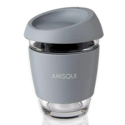 Afbeelding van AniSqui 350 ml glazen reismok, draagbare koffiemok met deksel (grijs)
