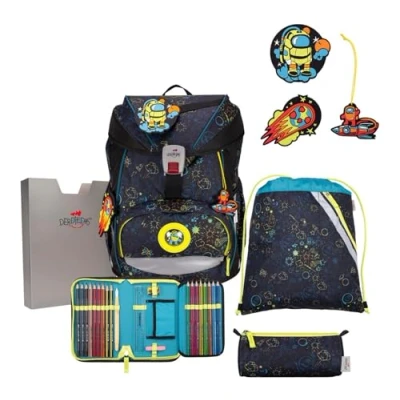 Afbeelding van DerDieDas Schooltas ErgoFlex Exklusiv LED Schulranzenset 5 delig Crazy Zwart