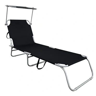 Afbeelding van ligstoel voor in tuin, inklapbaar, met 3 poten, zonneluifel, draagriemen, relaxstoel rugleuning 4 standen verstelbaar, camping, zwembad, spa, wellness, zwart