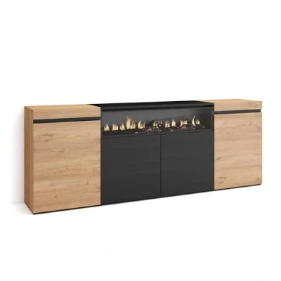 Afbeelding van Skraut Home Dressoir voor woonkamer en keuken opbergkast, commode 200 x 75 35 cm 4 deuren elektrische open haard moderne stijl eiken zwart