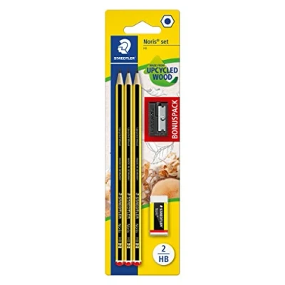 Image de STAEDTLER Lot de 3 crayons Noris HB hexagonaux incroyablement incassables, 1 taille crayon, gomme, haute qualité fabriqué en Allemagne, 120 SBK3P1