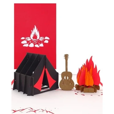 Afbeelding van 3D pop up kaart &quot;Camping tent op kampvuur en gitaar&quot; verjaardagskaart motief pad, camping als wenskaart voor verjaardag, uitnodigingskaart, cadeauverpakking cadeaubon